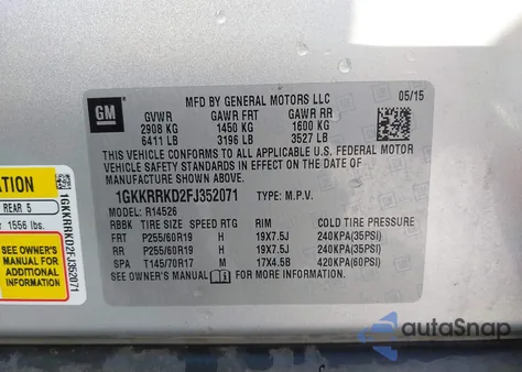 2015 GMC Acadia Slt-1 from USA, damaged, VIN 1GKKRRKD2FJ352071